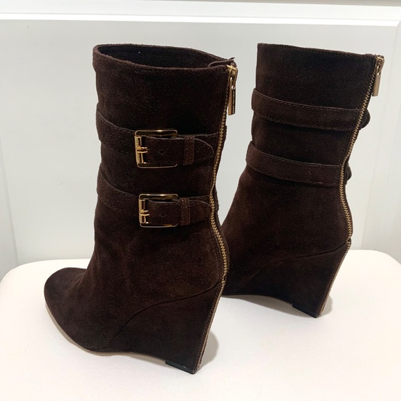 Michael Kors Parker Brown Suede Leather Wedge Bootie Exposed Zip Ankle Boots 7.5 - Picture 9 of 16